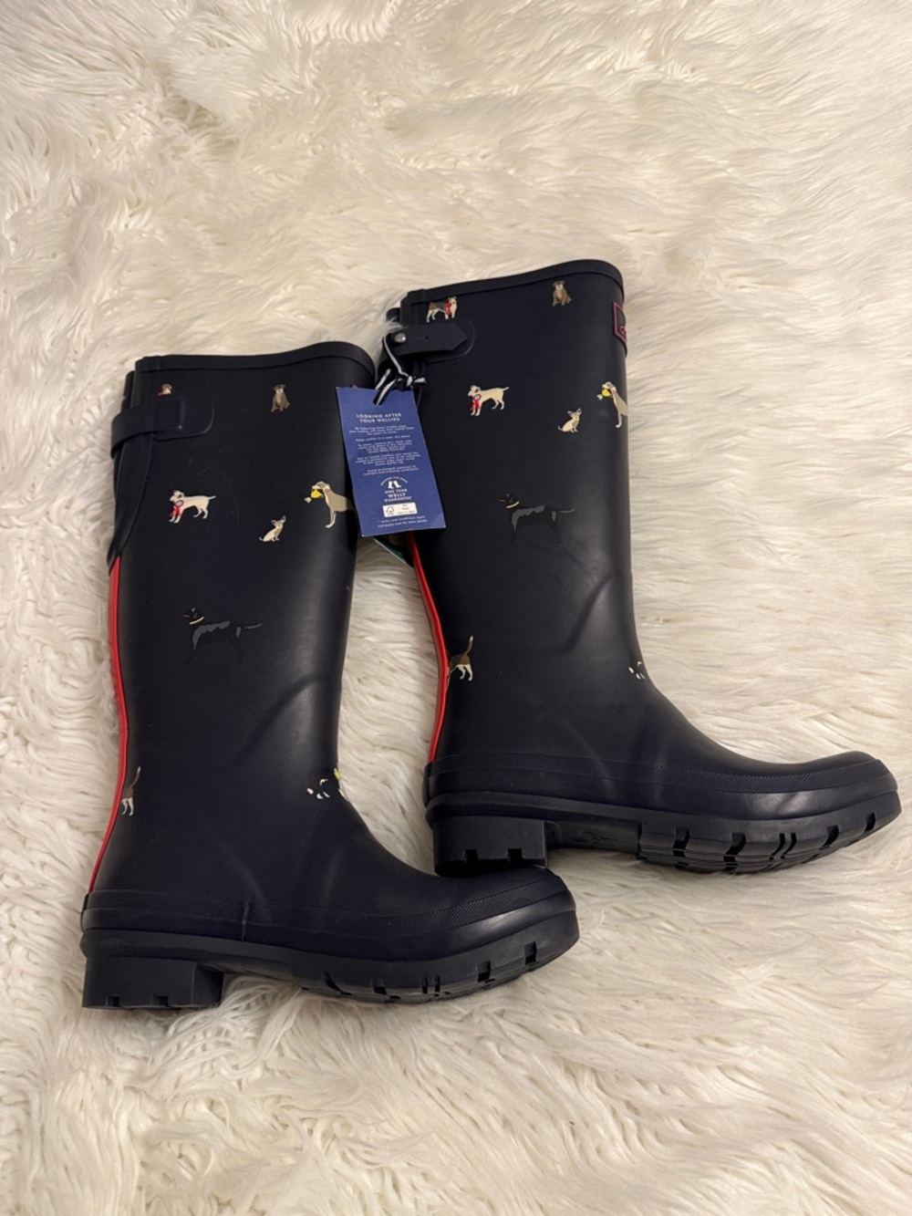 Joules Black Rain Boots with Dog Print and Red Trim size 5 brand new with tag - Picture 1 of 12